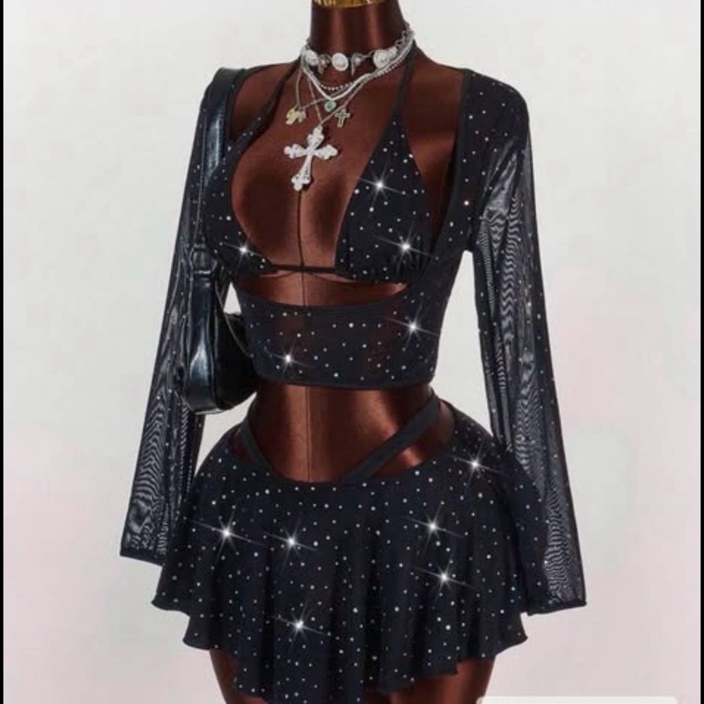 New Black Rhinestone 3-Piece Set Crop Top, Shrug & Mini Skirt Y2K Party Outfit